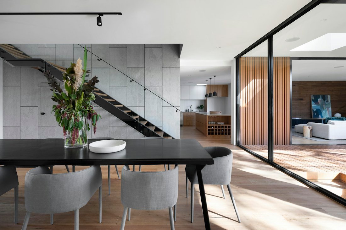 Thoughtful modern residential interior with warm natural materials